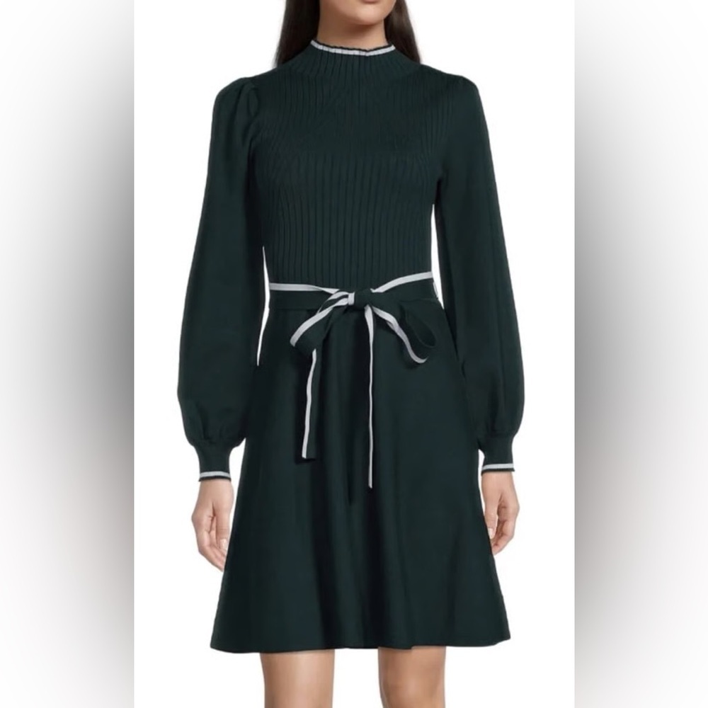 Vince Camuto Rib Knit Sweater Dress Green Puff Sleeve Belted Medium NWT
